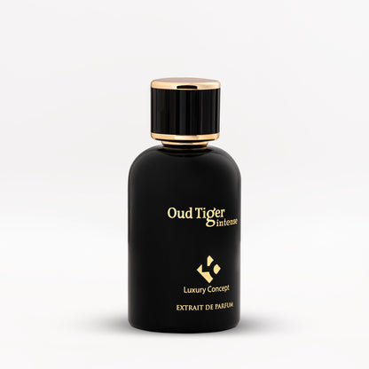 Oud Tiger extrait de parfum bottle with striking black finish and minimalist label, reflecting strong identity and timeless Arabian scent inspiration.