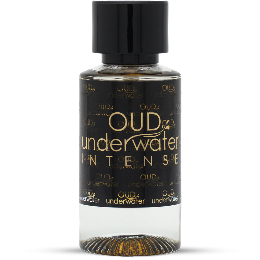 A bottle of 'OUD UNDERWATER INTENSE' perfume from Luxury Concept, with a clear glass container and black label featuring gold text.