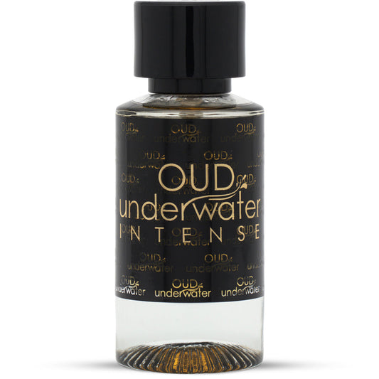 A bottle of 'OUD UNDERWATER INTENSE' perfume from Luxury Concept, with a clear glass container and black label featuring gold text.