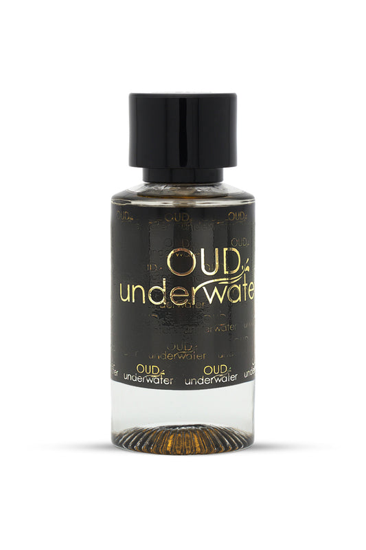 Woody oud leather long lasting fragrance in Dubai. A bottle of OUD UNDERWATER EAU DE PARFUM by Luxury Concept with a black label and cap, showcasing the fragrance through its clear glass.