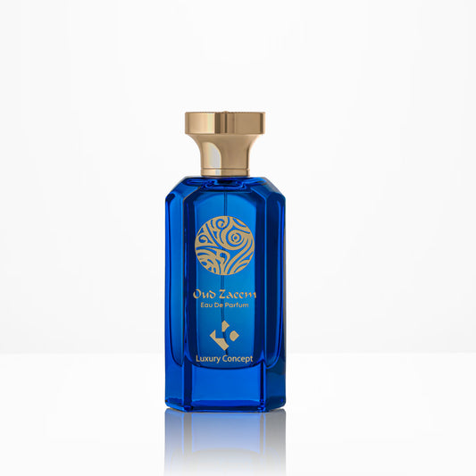 Front view of Oud Zaeem by Luxury Concept featuring a transparent blue oud perfume bottle with gold cap and refined luxury design