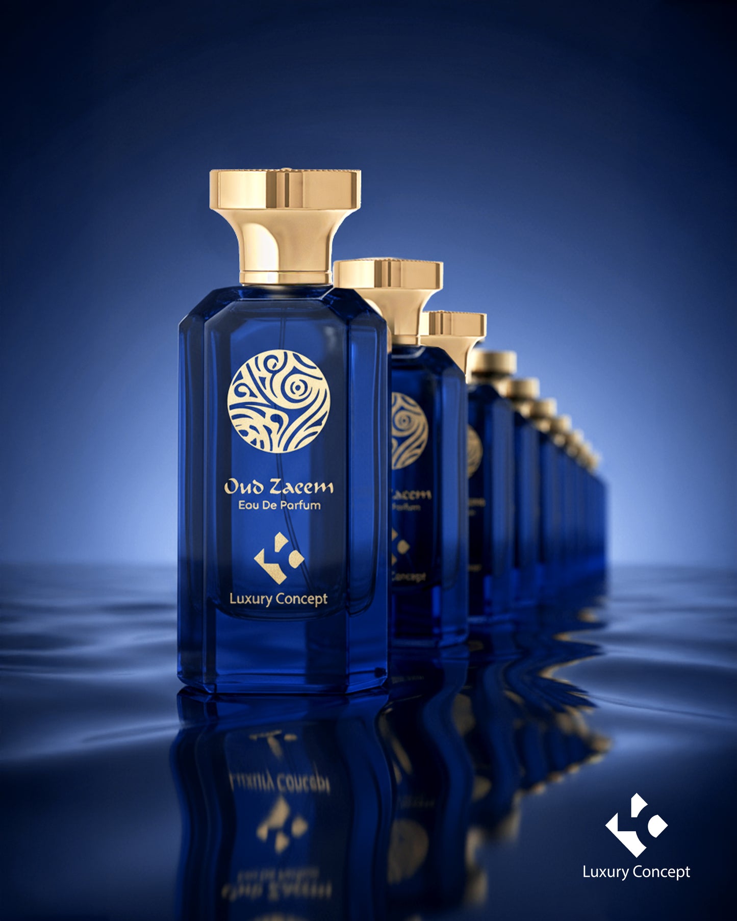 Multiple Oud Zaeem luxury oud perfume bottles arranged with reflective water aesthetics conveying depth projection and lasting presence