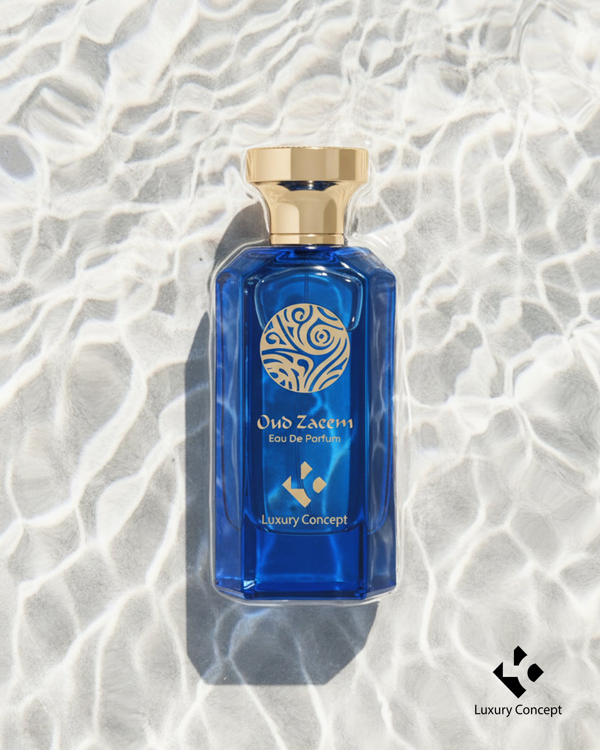 Oud Zaeem luxury oud fragrance bottle reflected on soft transparent water surface with minimal sky inspired aesthetic