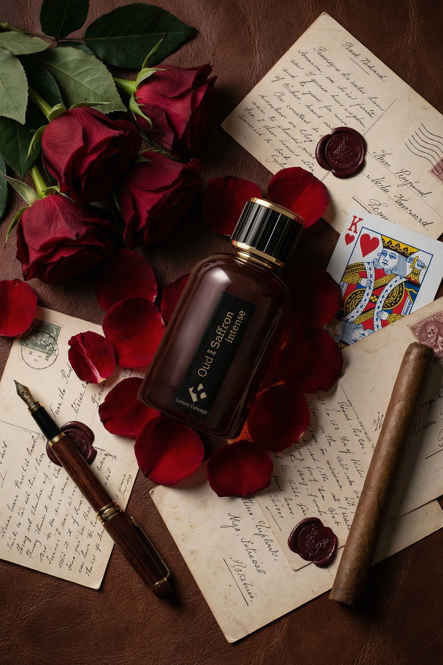 Oud and Saffron Intense is a woody Oud Oriental perfume for men. A dark amber glass bottle labeled 'Old Saffron' with a black cap, arranged on a brown leather-like surface with red roses, scattered rose petals, vintage letters, a fountain pen, a playing card, and a cigar.
