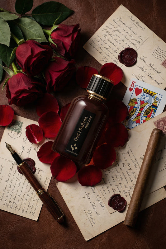 Oud and Saffron Intense is a woody Oud Oriental perfume for men. A dark amber glass bottle labeled 'Old Saffron' with a black cap, arranged on a brown leather-like surface with red roses, scattered rose petals, vintage letters, a fountain pen, a playing card, and a cigar.