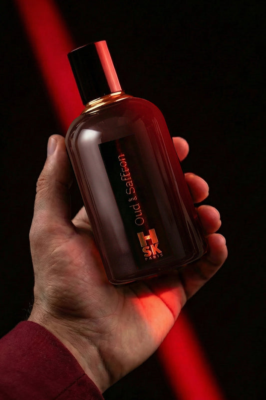 A hand holding a dark amber-brown glass perfume bottle with a black cap and gold lettering that reads 'Oud & Saffron'. The background is black with dramatic red lighting reflecting off the bottle and hand.