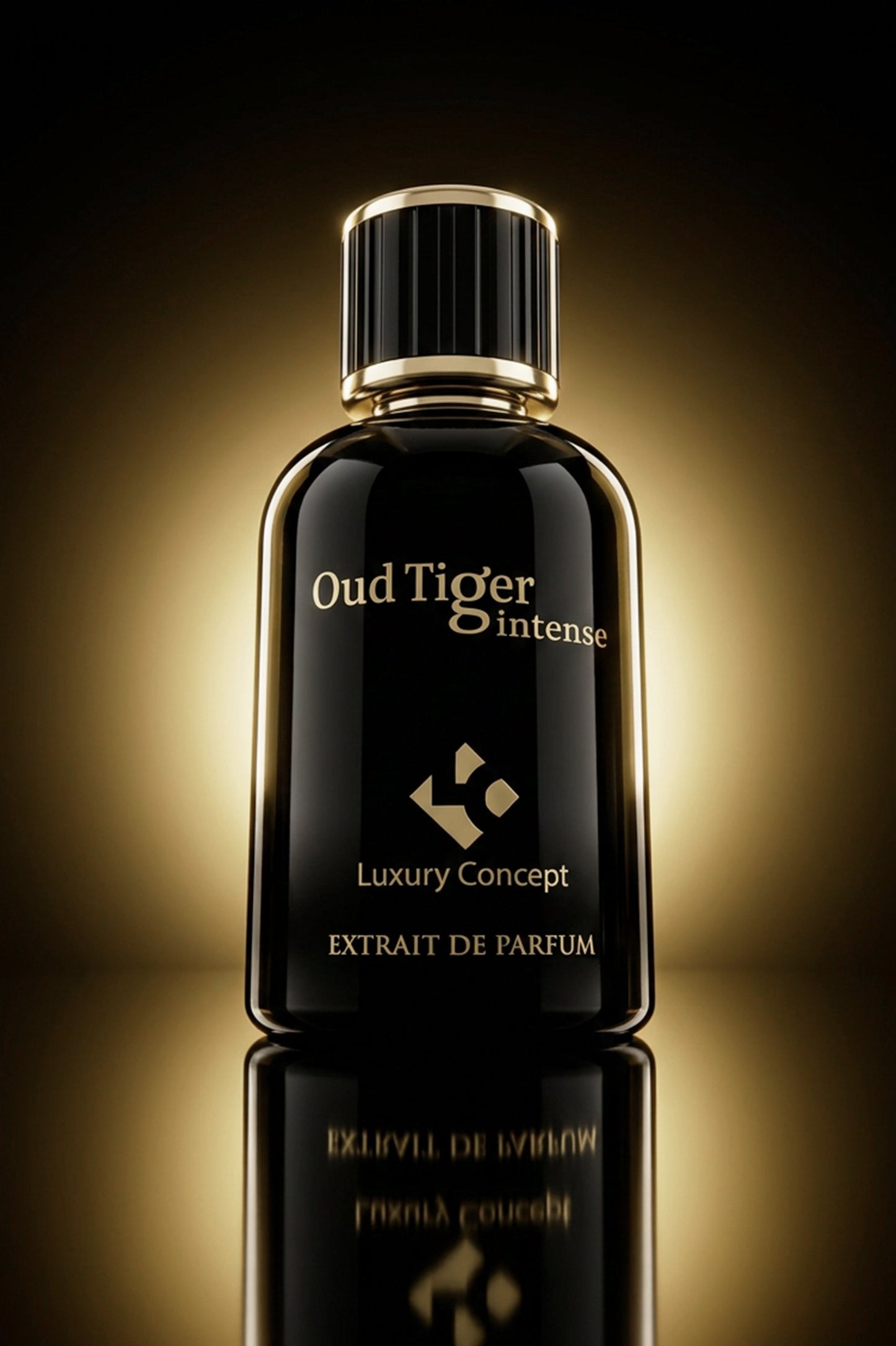 Oud tiger intense is a woody oud perfume for men. A luxury black perfume bottle with gold lettering reading 'Oud Tiger Intense' and 'Luxury Concept', set against a dark background with a warm golden glow and a reflection below.