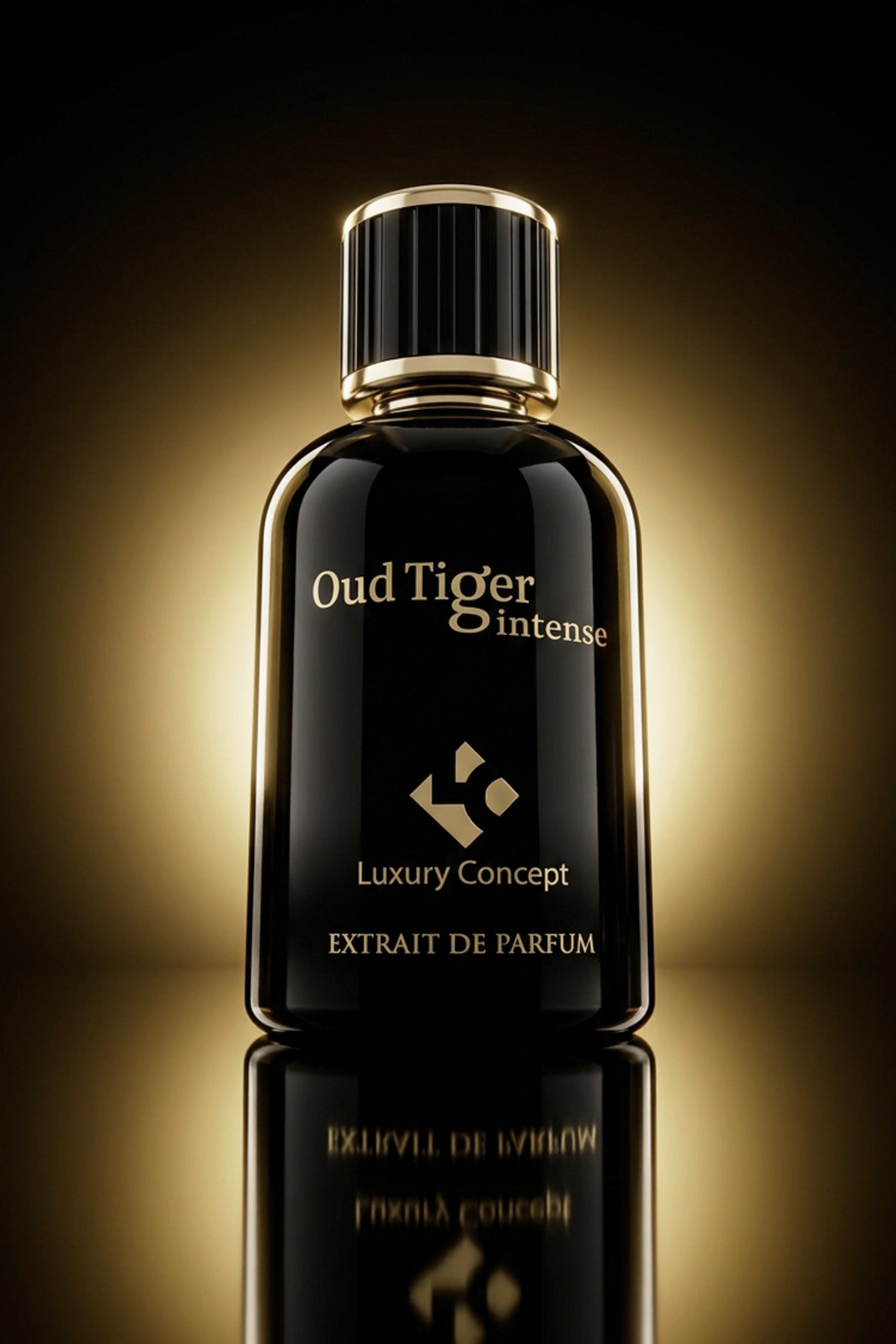 Oud tiger intense is a woody oud perfume for men. A luxury black perfume bottle with gold lettering reading 'Oud Tiger Intense' and 'Luxury Concept', set against a dark background with a warm golden glow and a reflection below.