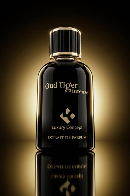 Oud tiger intense is a woody oud perfume for men. A luxury black perfume bottle with gold lettering reading 'Oud Tiger Intense' and 'Luxury Concept', set against a dark background with a warm golden glow and a reflection below.