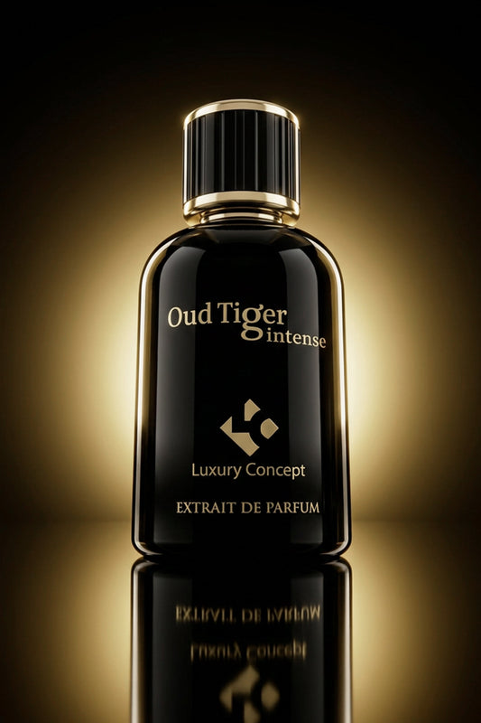 Oud tiger intense is a woody oud perfume for men. A luxury black perfume bottle with gold lettering reading 'Oud Tiger Intense' and 'Luxury Concept', set against a dark background with a warm golden glow and a reflection below.