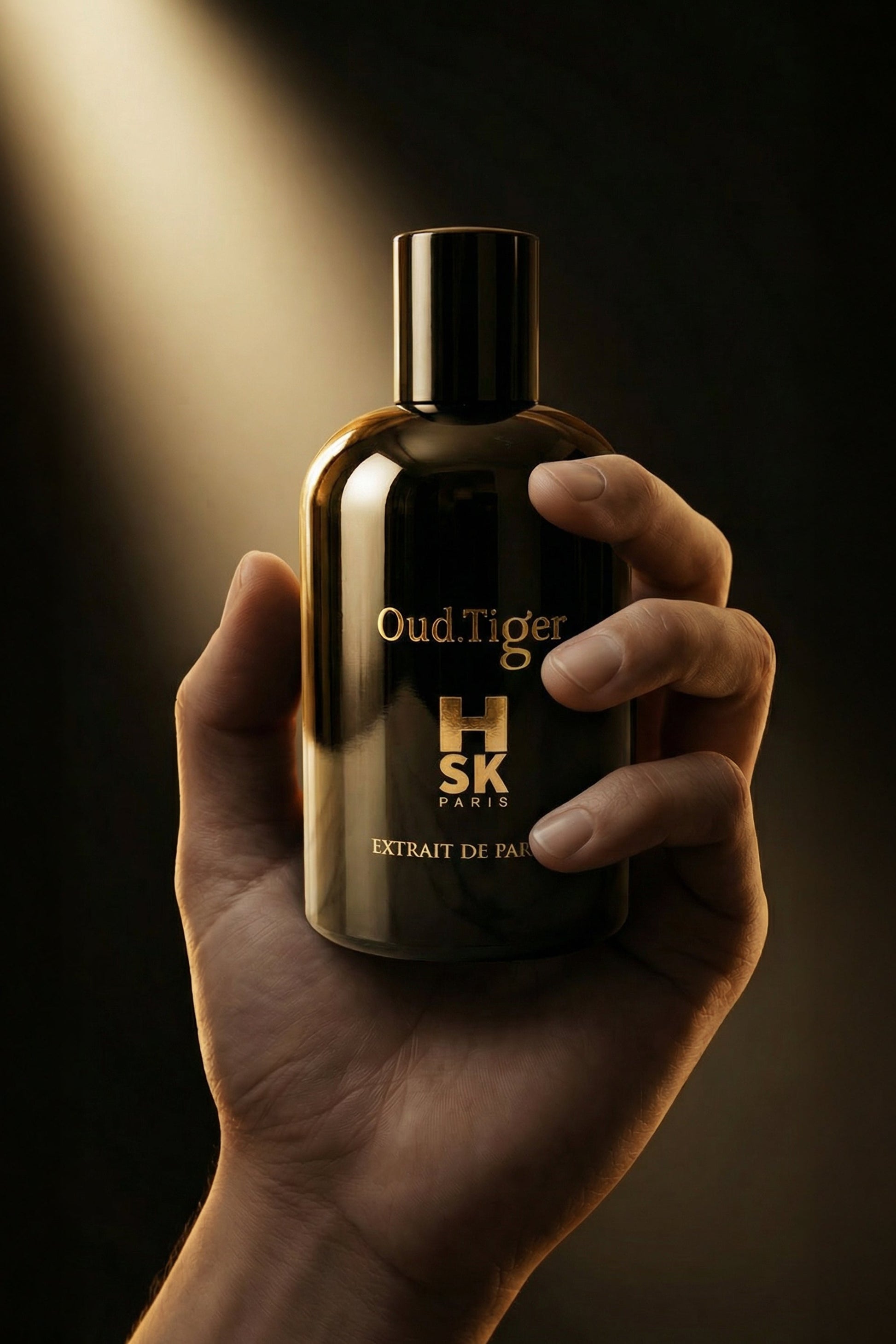 A hand holding a dark amber glass bottle of HSK Paris Oud.Tiger Extrait de Parfum under dramatic spotlighting against a dark background.