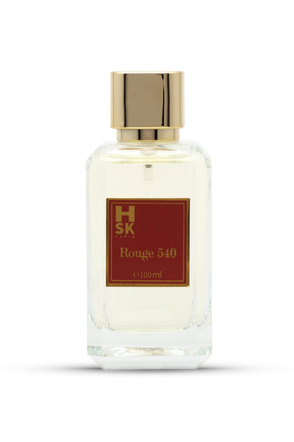Oriental amber woody perfume from luxury cocnept. A clear glass bottle of ROUGE 540 EAU DE PARFUM with a gold-colored cap and a red label displaying the product name.
