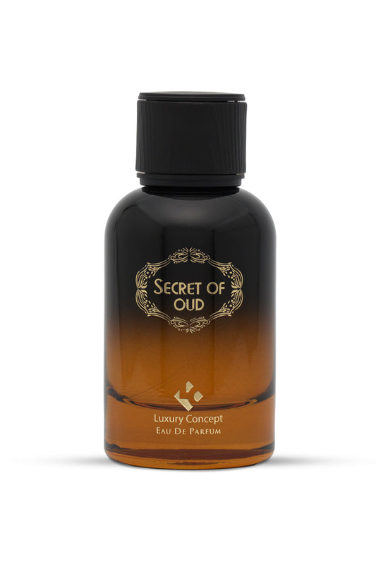 A black perfume bottle with a gradient color transition from black to amber, labeled 'Secret of Oud' by Luxury Concept Eau de Parfum.