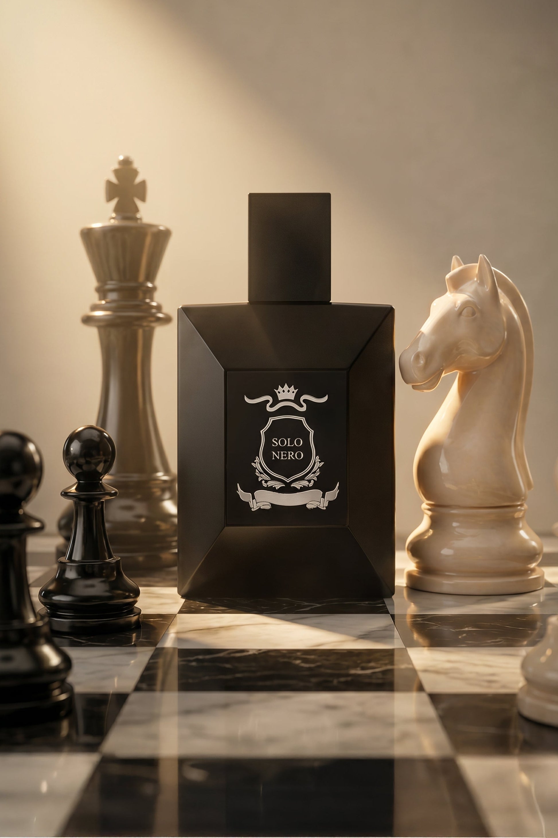 Oriental Leather fruity smoky perfume. A black rectangular perfume bottle labeled 'SOLO NERO' stands on a black-and-white checkered marble surface, surrounded by oversized chess pieces in black and ivory under warm spotlighting.