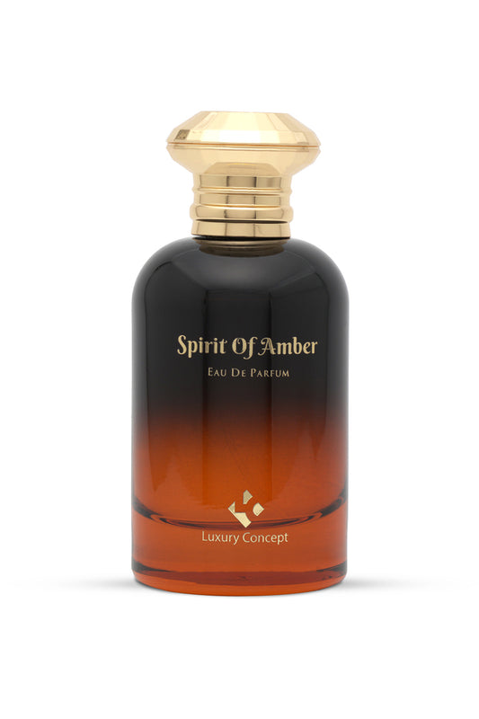 A bottle of 'Spirit of Amber' Eau de Parfum with a gold-colored cap and amber-colored liquid.