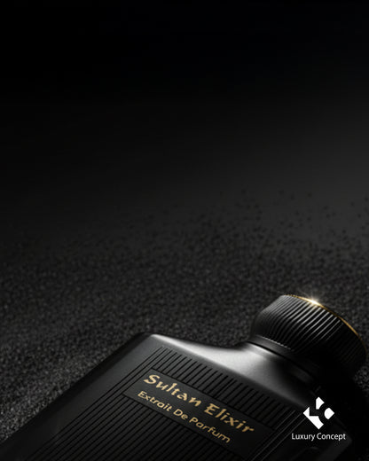 Close up of Sultan Elixir extrait de parfum bottle with crown inspired gold cap and refined matte black luxury design
