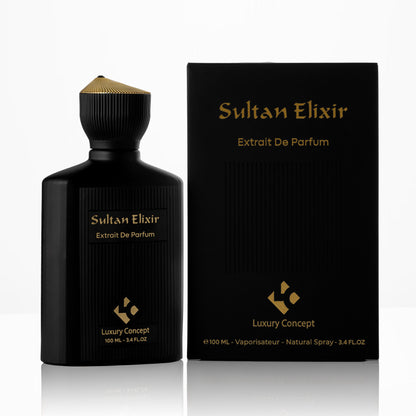 Sultan Elixir by Luxury Concept with luxury extrait de parfum packaging and black amber fragrance bottle