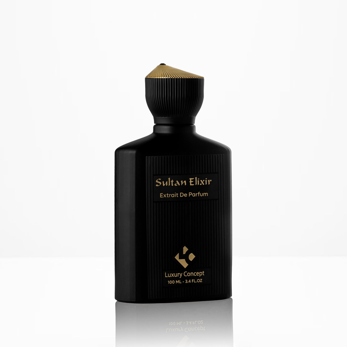 Angled Sultan Elixir luxury fragrance bottle with matte black finish and royal gold crown cap design