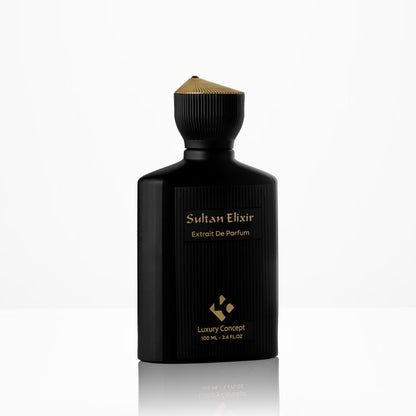 Angled Sultan Elixir luxury fragrance bottle with matte black finish and royal gold crown cap design