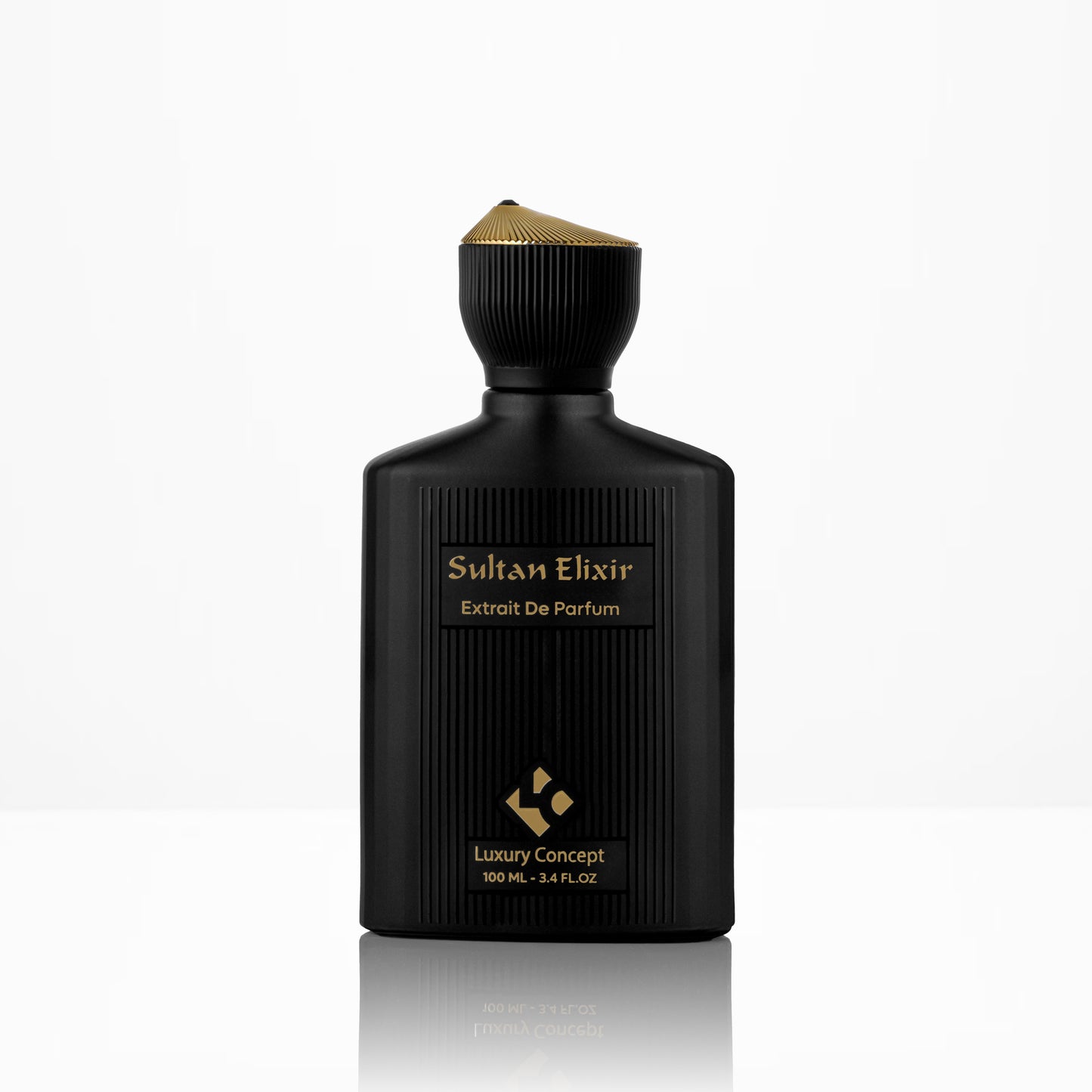 Front view of Sultan Elixir by Luxury Concept with black extrait de parfum bottle and crown shaped gold cap