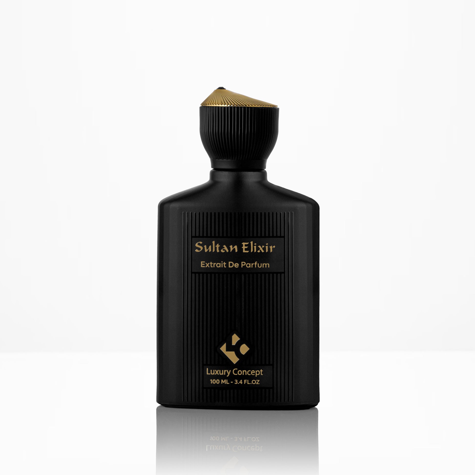 Front view of Sultan Elixir by Luxury Concept with black extrait de parfum bottle and crown shaped gold cap