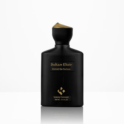 Front view of Sultan Elixir by Luxury Concept with black extrait de parfum bottle and crown shaped gold cap