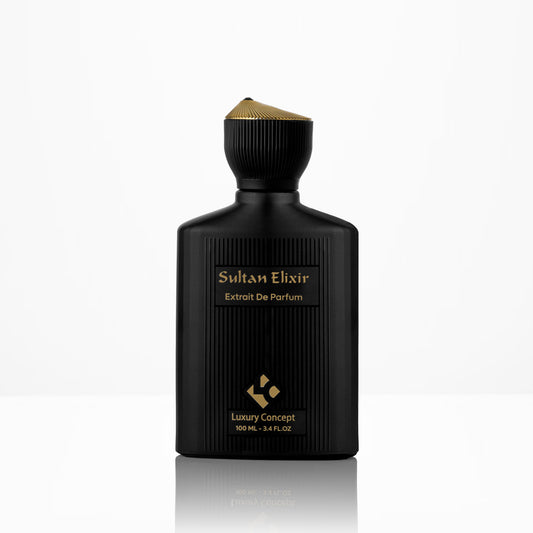 Front view of Sultan Elixir by Luxury Concept with black extrait de parfum bottle and crown shaped gold cap