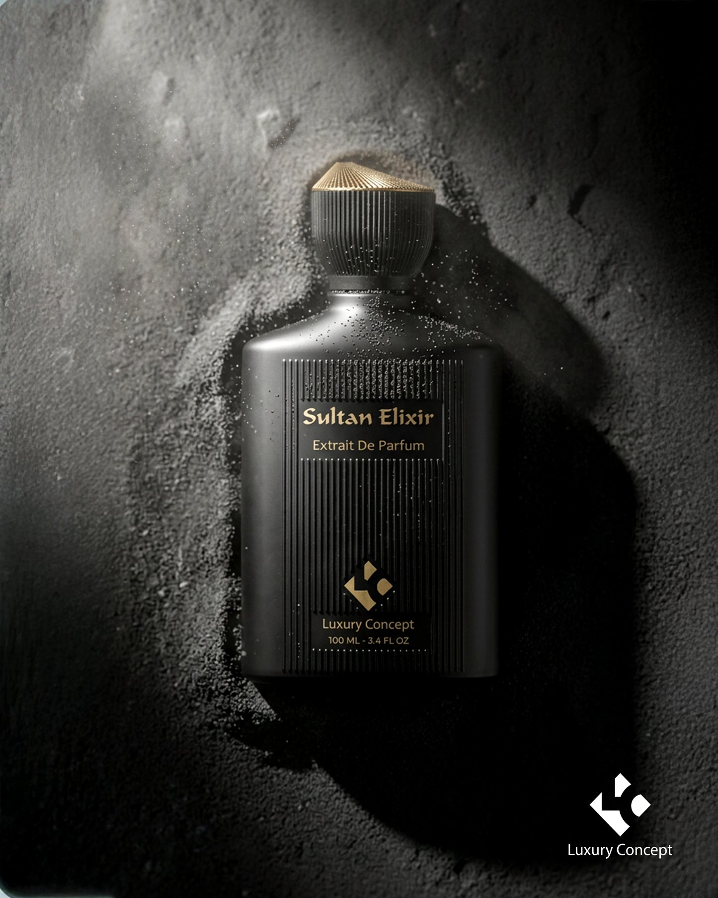 Sultan Elixir black luxury perfume bottle surrounded by dark spice powder with warm amber and resinous fragrance aesthetic