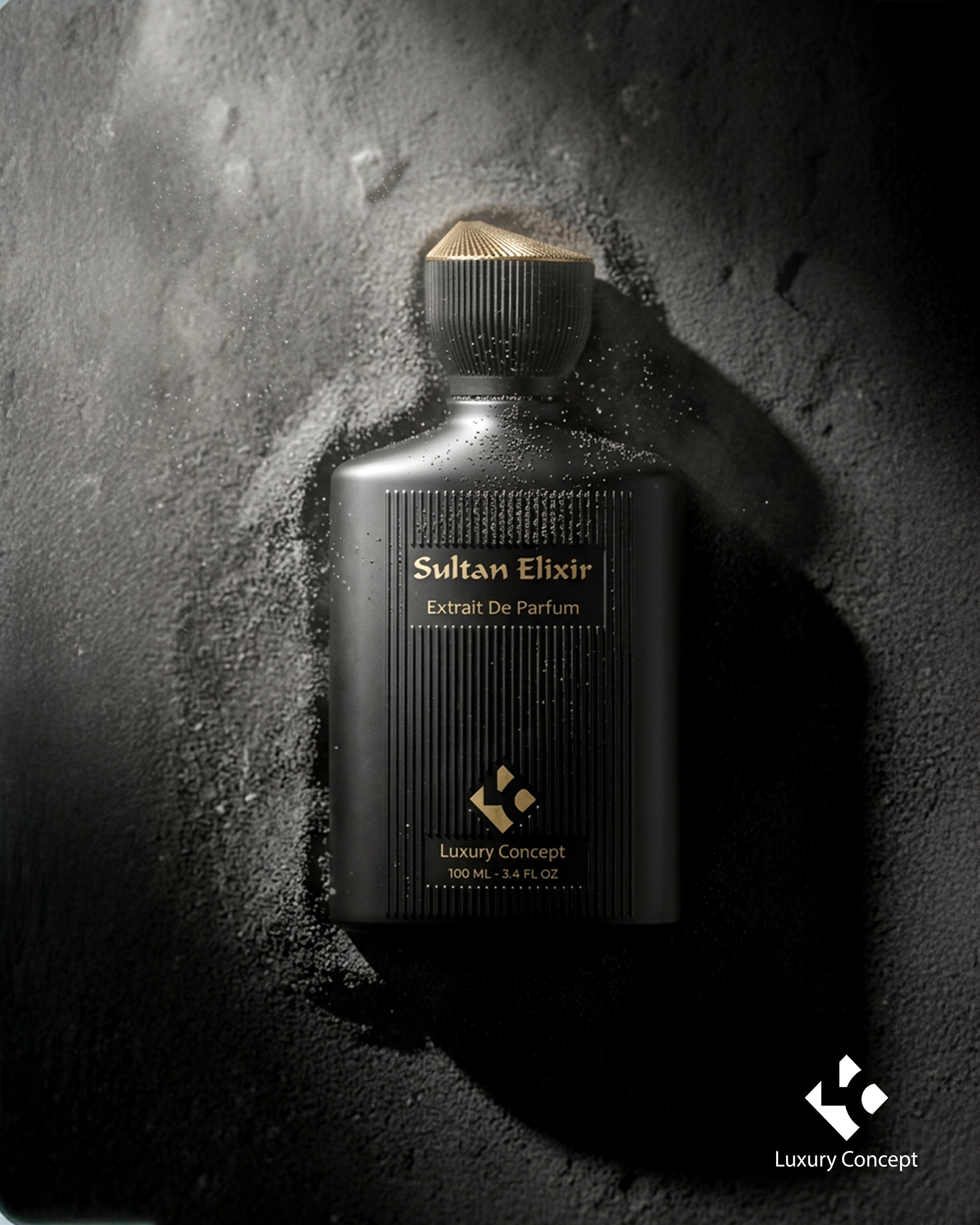 Sultan Elixir black luxury perfume bottle surrounded by dark spice powder with warm amber and resinous fragrance aesthetic