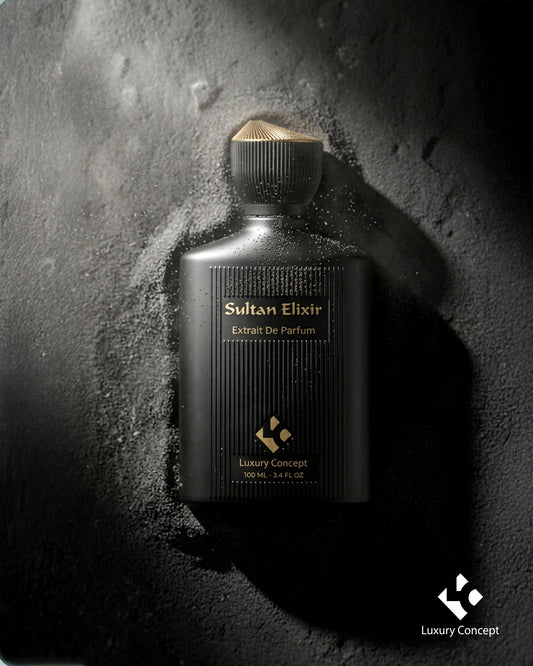 Sultan Elixir black luxury perfume bottle surrounded by dark spice powder with warm amber and resinous fragrance aesthetic