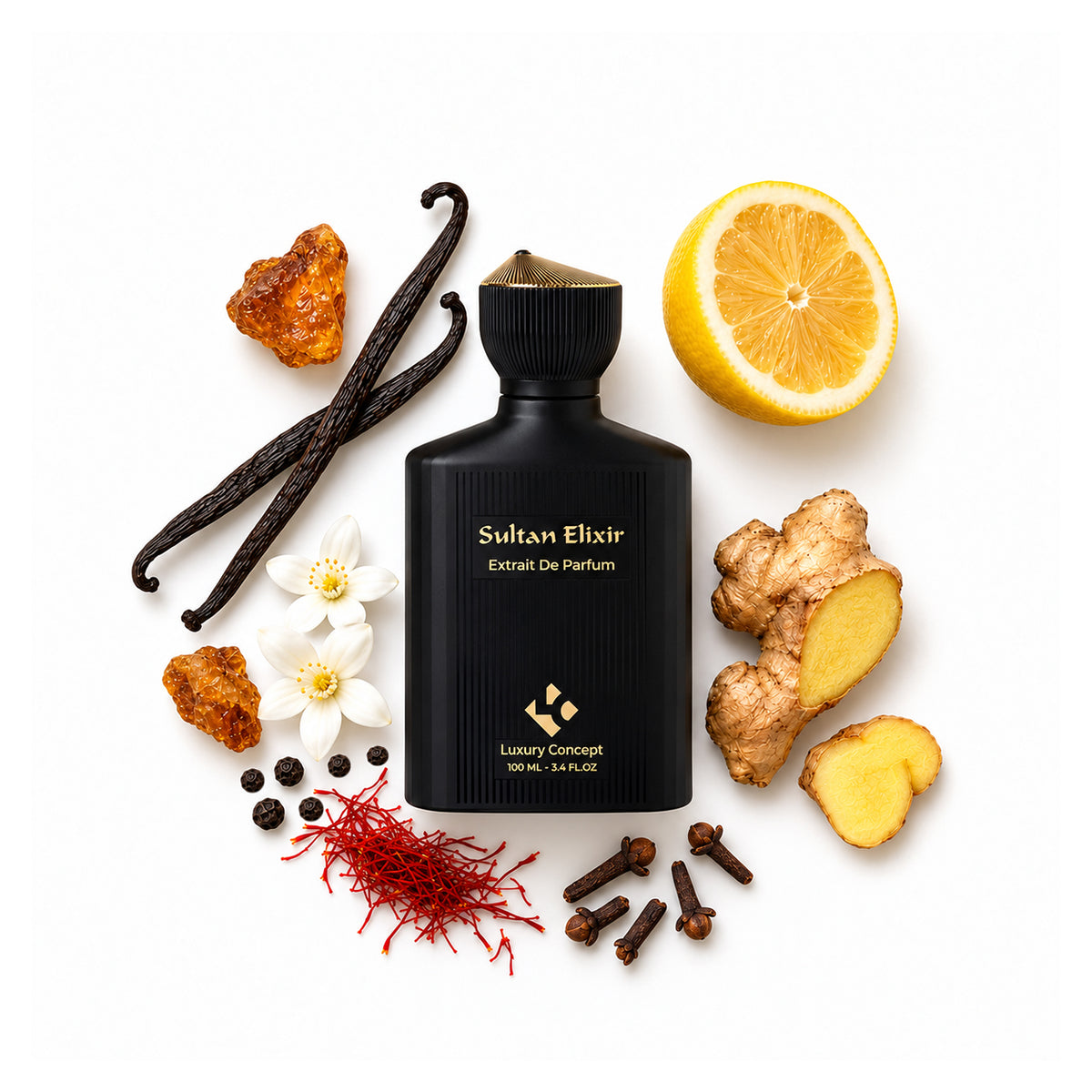 Sultan Elixir is a luxury perfume from Luxury Concept. It has citrus and white florals on top with spices and amber towards end.
