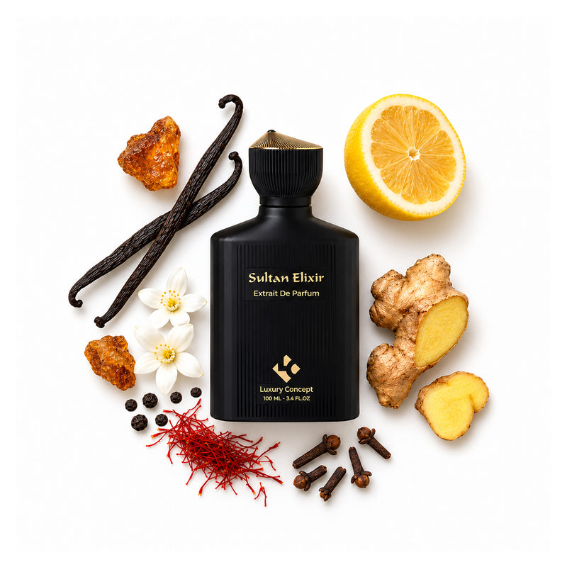 Sultan Elixir is a luxury perfume from Luxury Concept. It has citrus and white florals on top with spices and amber towards end.
