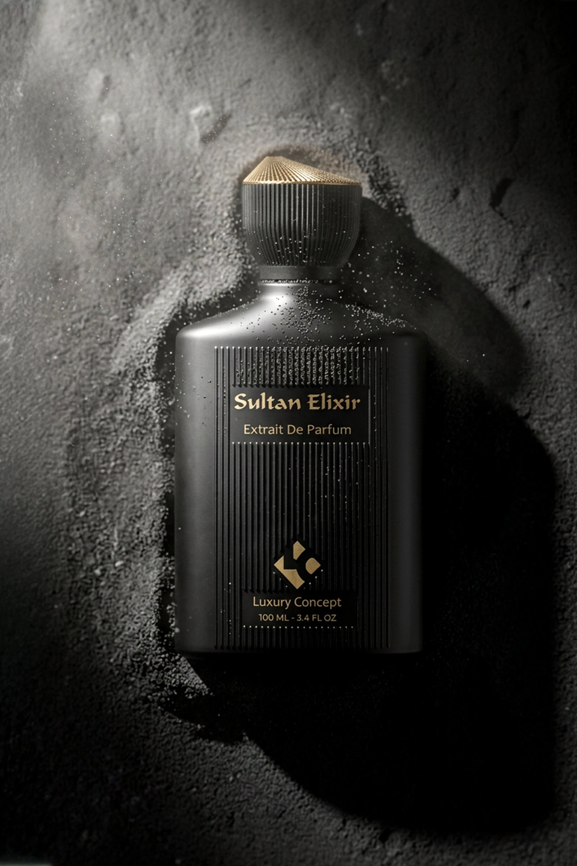 A black rectangular perfume bottle labeled 'Sultan Elixir' with gold lettering, set against a dark textured background with dramatic lighting and shadows.