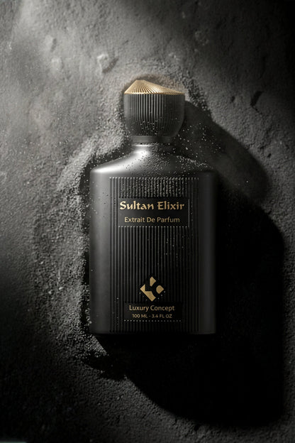 A black rectangular perfume bottle labeled 'Sultan Elixir' with gold lettering, set against a dark textured background with dramatic lighting and shadows.