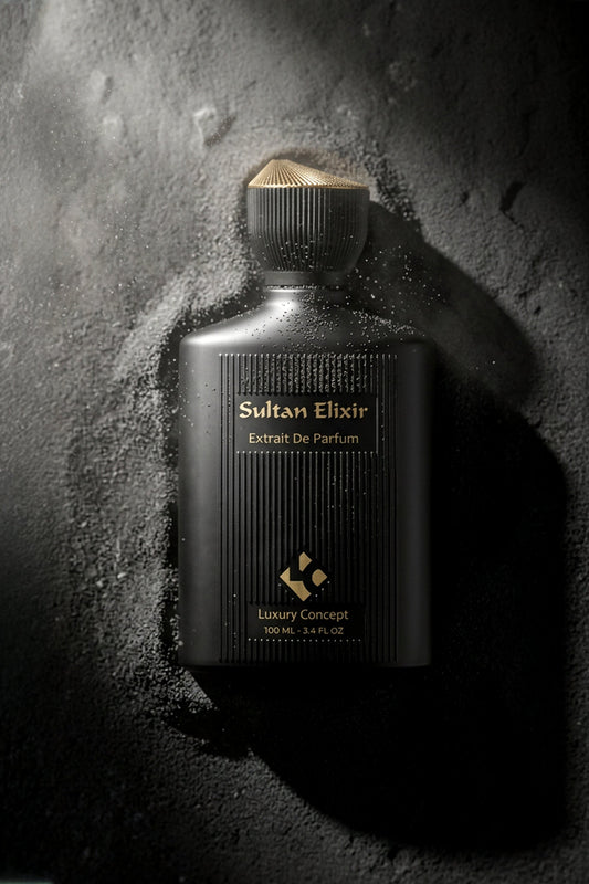 A black rectangular perfume bottle labeled 'Sultan Elixir' with gold lettering, set against a dark textured background with dramatic lighting and shadows.