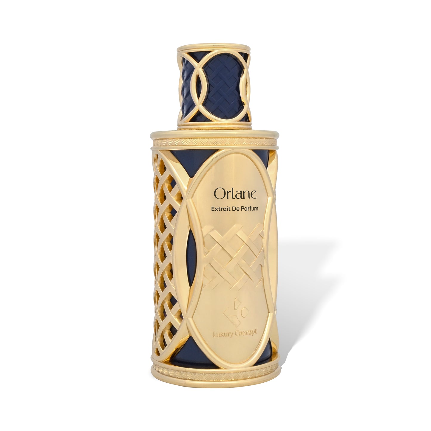 Orlane angled gold blue luxury perfume bottle with luminous finish and refined niche fragrance aesthetic by Luxury Concept
