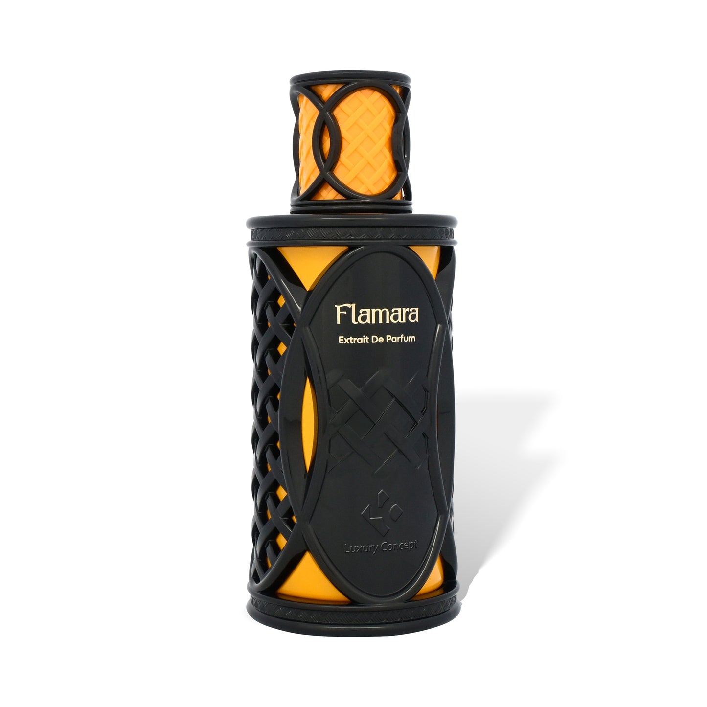 Flamara angled orange black luxury perfume bottle with textured netted finish and intense warm spicy profile by Luxury Concept
