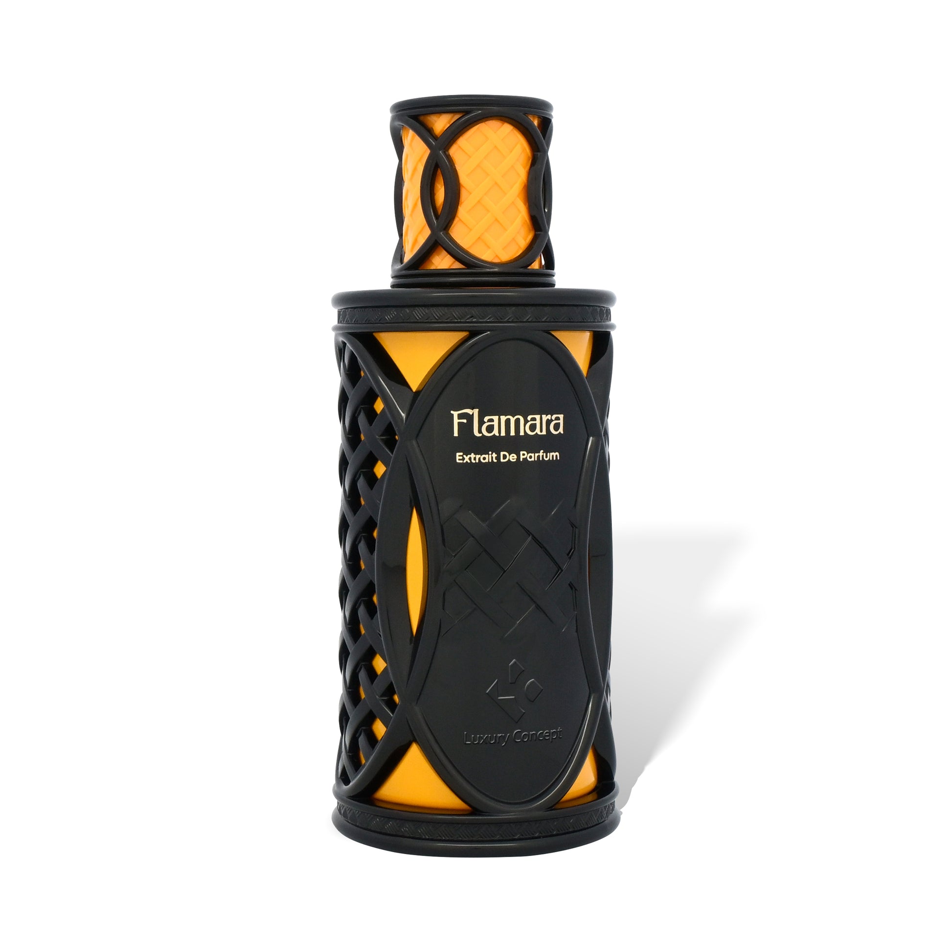 Flamara angled orange black luxury perfume bottle with textured netted finish and intense warm spicy profile by Luxury Concept
