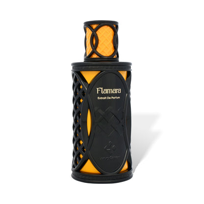 Flamara angled orange black luxury perfume bottle with textured netted finish and intense warm spicy profile by Luxury Concept