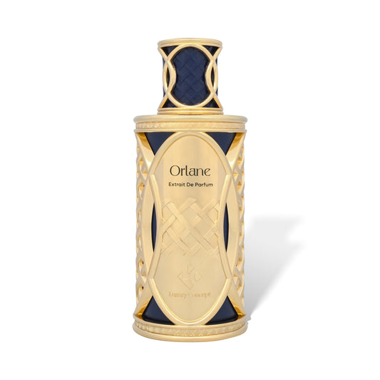 Orlane gold and deep blue luxury perfume bottle with elegant fluid aesthetic and soft musk amber fragrance by Luxury Concept