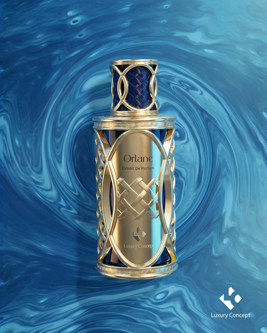 Orlane gold blue luxury perfume bottle on fluid textured surface with soft luminous aesthetic and musk amber tone by Luxury Concept