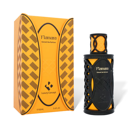 Flamara orange black luxury perfume bottle with premium packaging and warm spicy fragrance by Luxury Concept
