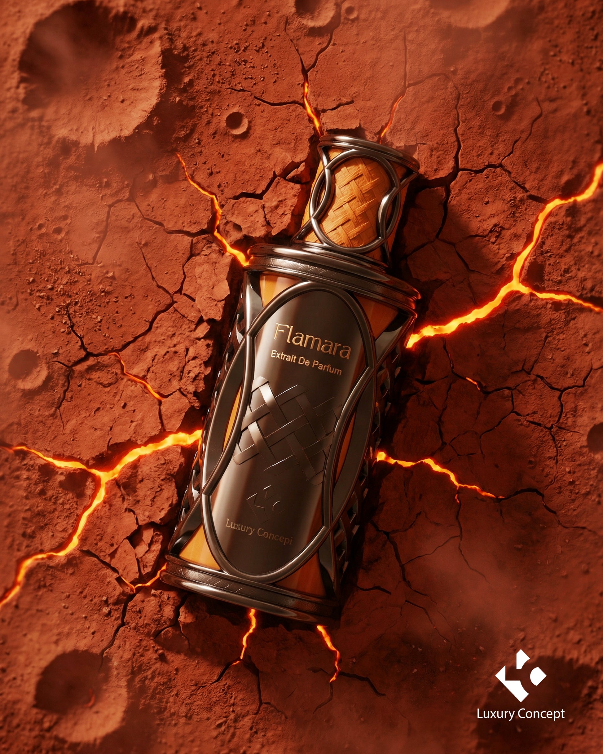 Flamara Mars inspired orange black luxury perfume bottle with netted design and intense warm spicy fragrance by Luxury Concept