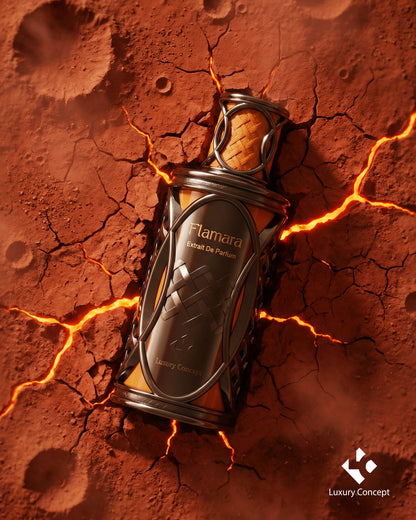 Flamara Mars inspired orange black luxury perfume bottle with netted design and intense warm spicy fragrance by Luxury Concept