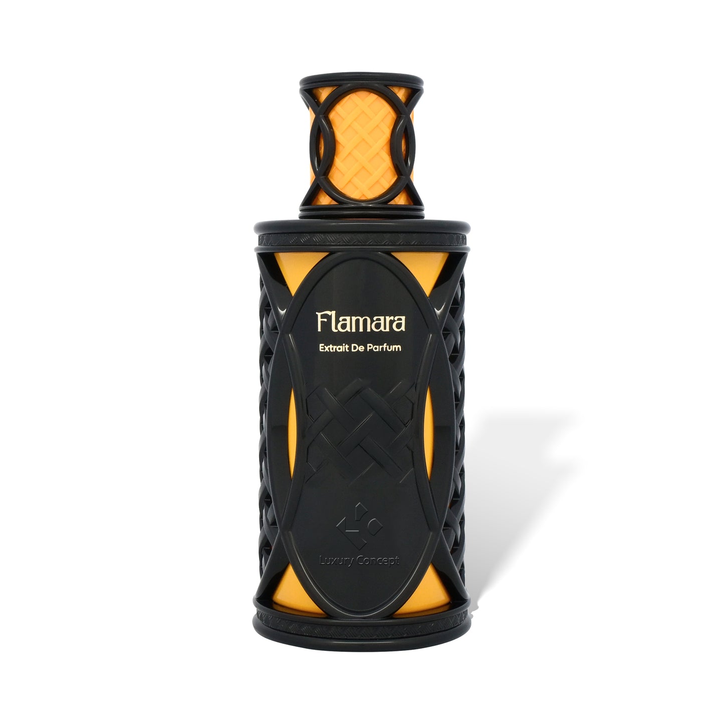 Flamara is an orange and black luxury perfume bottle with netted design and bold warm spicy fragrance by Luxury Concept