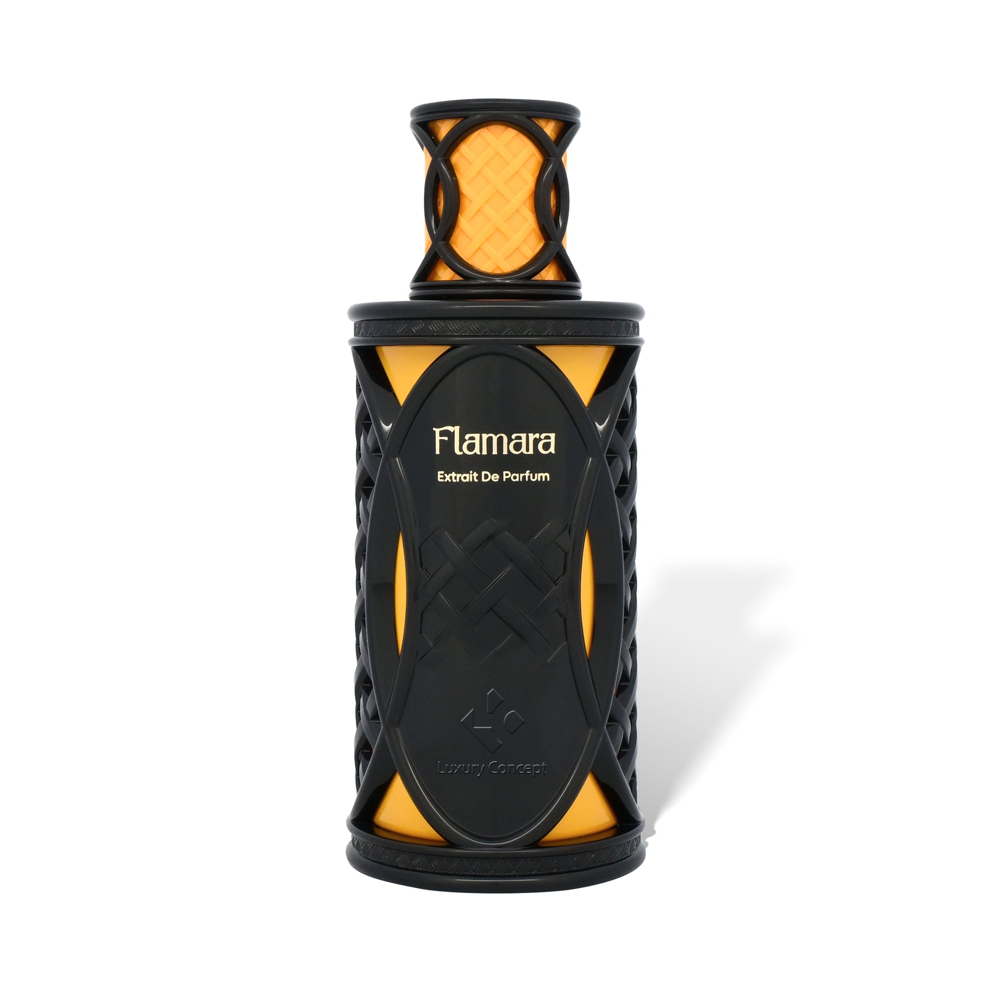 Flamara is an orange and black luxury perfume bottle with netted design and bold warm spicy fragrance by Luxury Concept