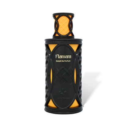Flamara is an orange and black luxury perfume bottle with netted design and bold warm spicy fragrance by Luxury Concept