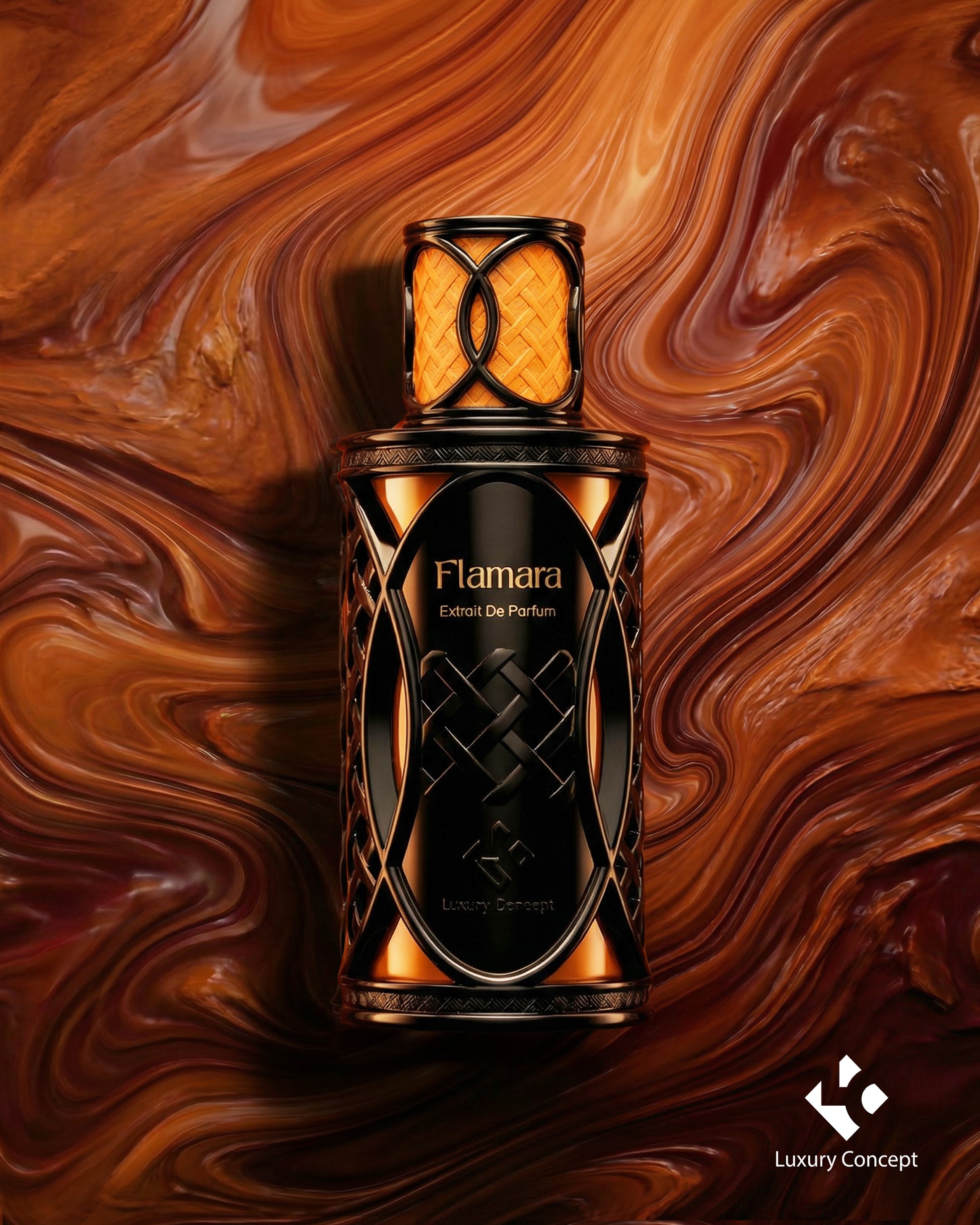 Flamara is an orange black luxury perfume bottle with netted texture on warm surface with bold warm spicy aesthetic by Luxury Concept