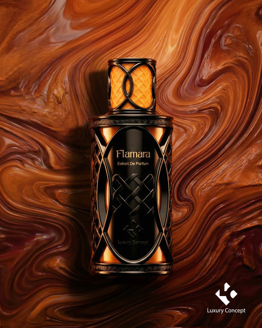 Flamara is an orange black luxury perfume bottle with netted texture on warm surface with bold warm spicy aesthetic by Luxury Concept