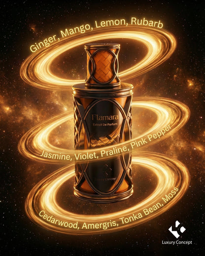 Flamara Warm spicy luxury perfume with ginger mango jasmine notes in orange black netted bottle by Luxury Concept